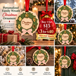 Personalized family Christmas wreath ornament with custom initials and year 2026 by Metal Sparx, decorative holiday keepsake.