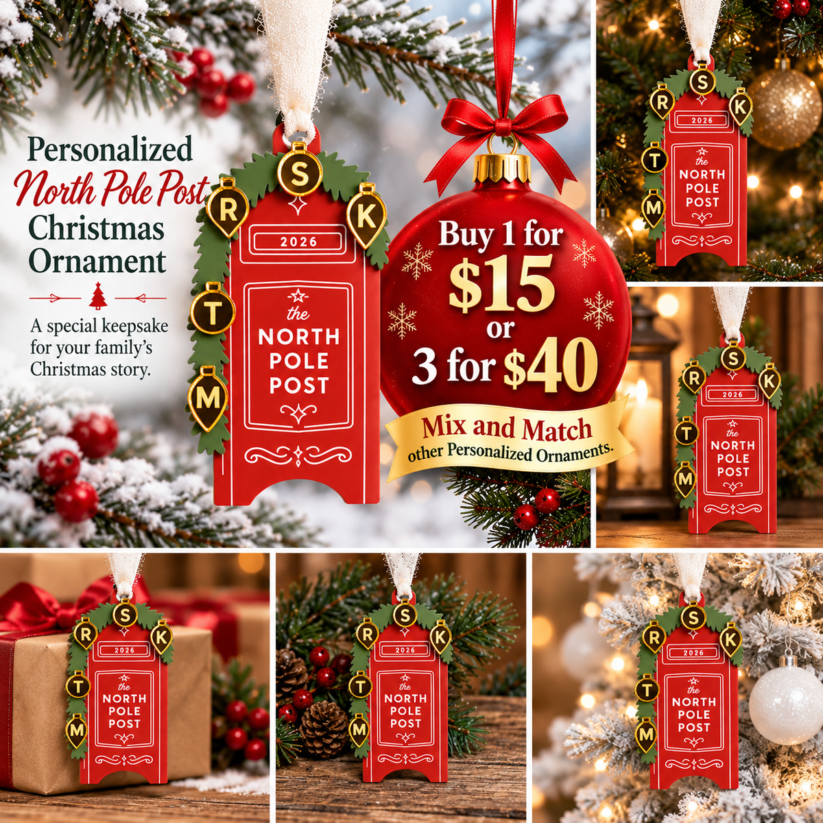 Personalized North Pole Post Christmas ornament by Metal Sparx with custom family initials and 2026 keepsake design.