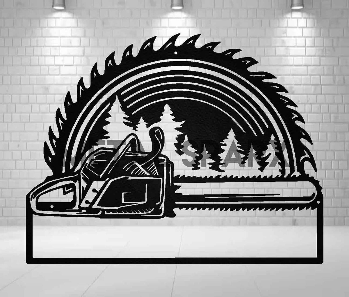 Black metal chainsaw monogram art piece by Metal Sparx, featuring intricate chain and saw blade design for wall decor.