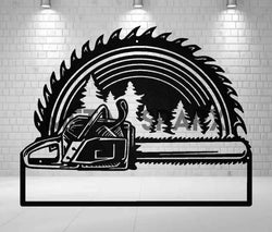 Black metal chainsaw monogram art piece by Metal Sparx, featuring intricate chain and saw blade design for wall decor.