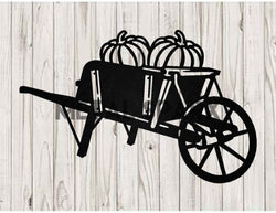 Antique black metal wheelbarrow filled with orange pumpkins, vintage garden decor by Metal Sparx.
