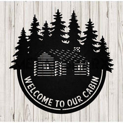 Black metal cabin decor sign by Metal Sparx with "Welcome to our Cabin" engraved, ideal for rustic or cabin-themed interiors.