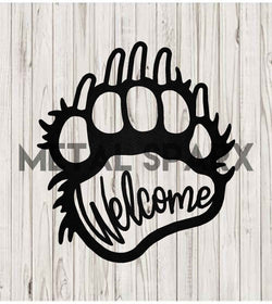 Black metal Bear Paw Welcome sign by Metal Sparx, featuring a detailed paw print design for outdoor or garden decor.