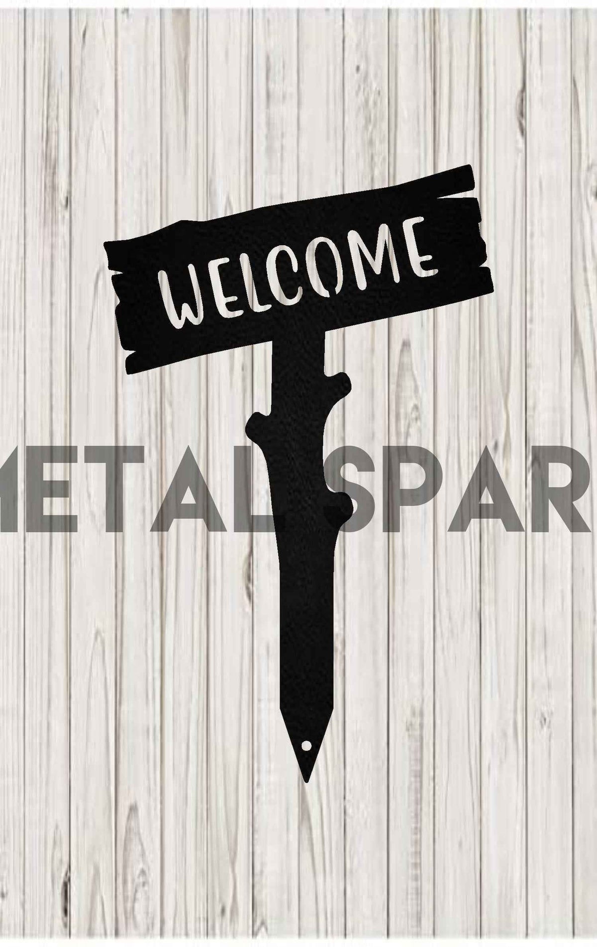 Black Metal Sparx Welcome Wooden Stake with engraved lettering for outdoor garden or yard decoration.