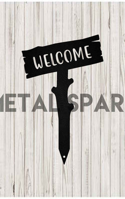 Black Metal Sparx Welcome Wooden Stake with engraved lettering for outdoor garden or yard decoration.