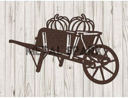 Antique metal wheelbarrow filled with orange pumpkins, vintage style, crafted by Metal Sparx, outdoor autumn decoration scene