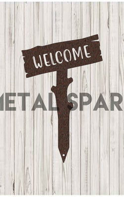 Welcome Wooden Stake by Metal Sparx, copper-colored outdoor garden sign with engraved welcome message and rustic wooden stake.