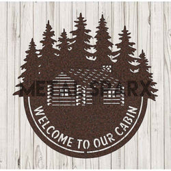 Metal Sparx Welcome to Our Cabin sign in copper with rustic lettering, designed for cabin decor and outdoor display.