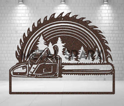 Copper Chainsaw Monogram metal art by Metal Sparx featuring a detailed chainsaw design on a copper finish.