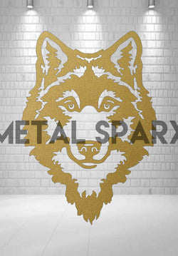 Gold Wolf metal art decor by Metal Sparx featuring a detailed wolf design on a metallic surface.