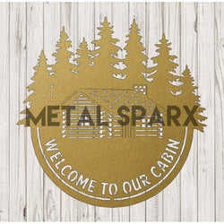 Gold metal welcome sign with "Welcome to our Cabin" text from Metal Sparx, featuring rustic cabin decor for home or porch.
