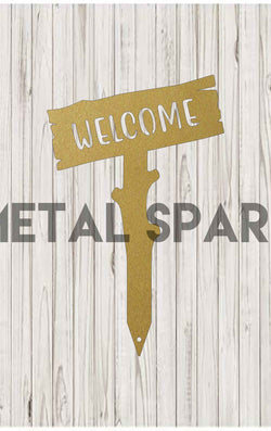 Gold Welcome Wooden Stake by Metal Sparx with engraved welcoming message and decorative design for garden or outdoor decor.