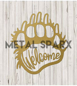 Gold metal bear paw welcome sign by Metal Sparx, featuring a detailed bear paw design for outdoor or porch decor.