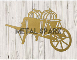 Antique Metal Sparx wheelbarrow filled with orange pumpkins, vintage-style garden decor, outdoor autumn display.