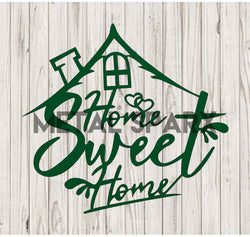 Green metal art piece titled "Home Sweet Home" by Metal Sparx featuring intricate cut-out lettering and decorative design.