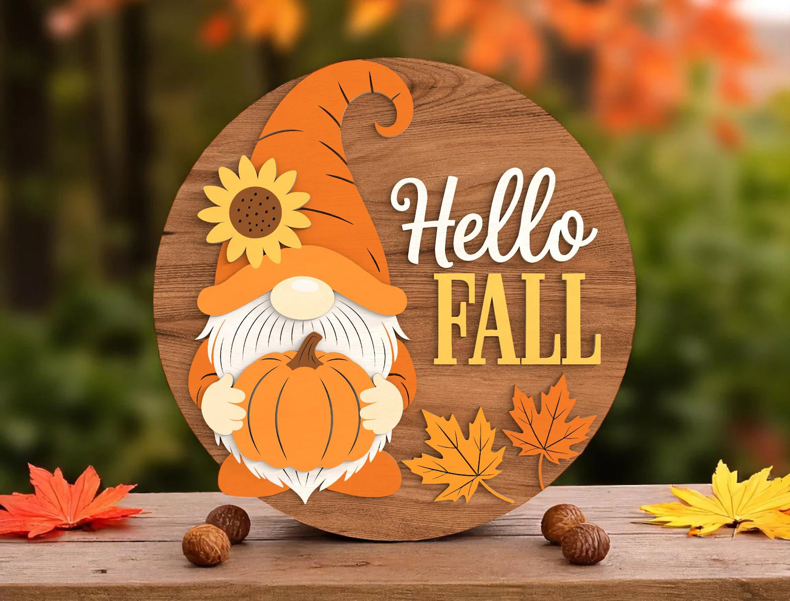 Hello Fall Gnome Wood Sign
