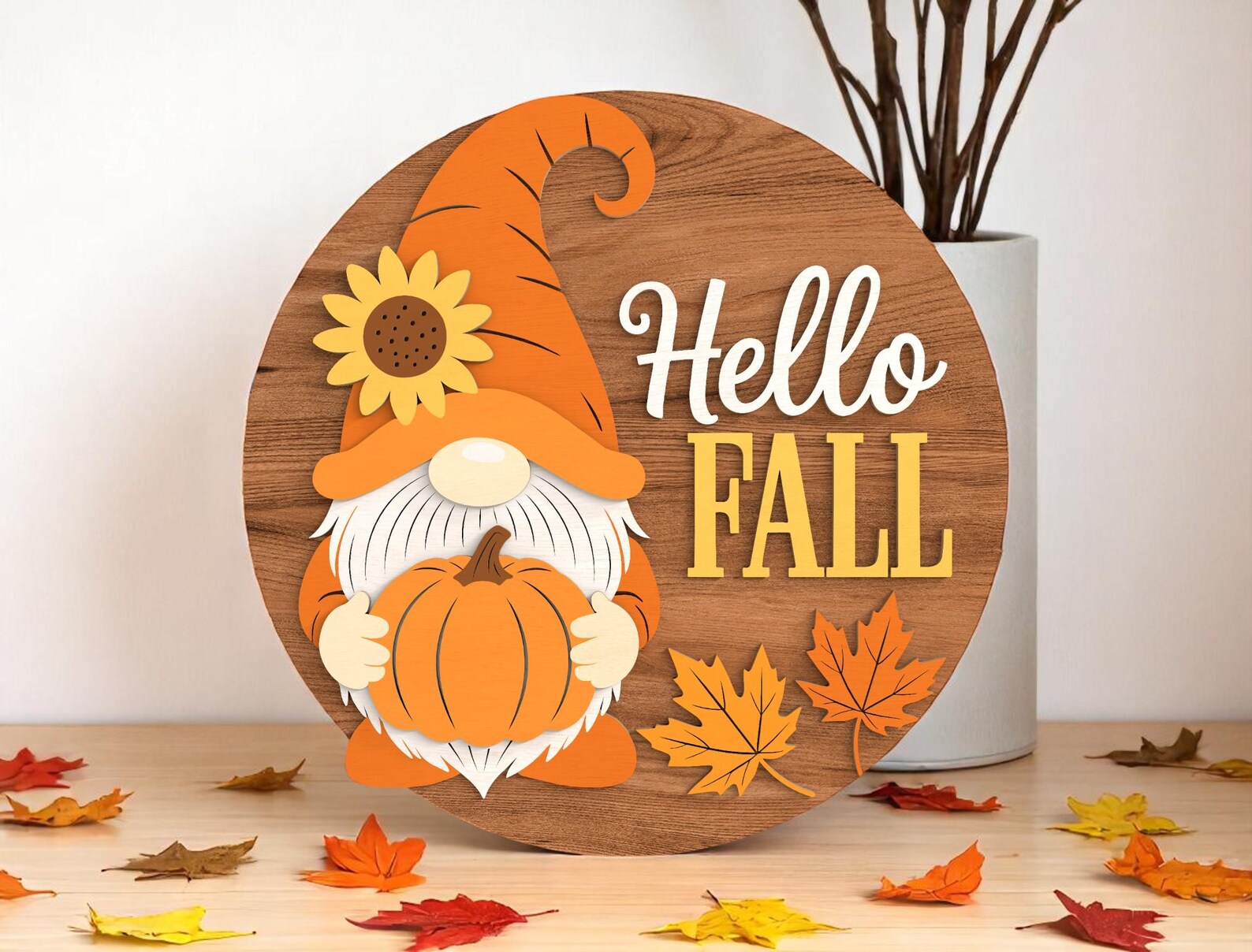 Hello Fall Gnome Wood Sign