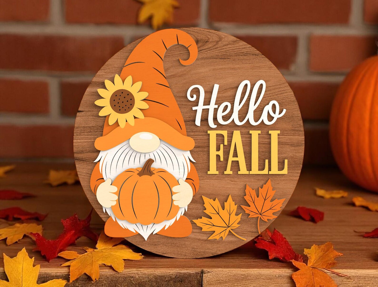 Hello Fall Gnome Wood Sign