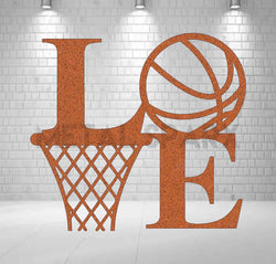 Rust-colored Metal Sparx basketball love metal art piece with a textured, weathered finish on a plain background.