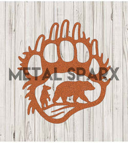 Rust-colored Bear Paw metal wall art featuring a detailed bear scene by Metal Sparx, perfect for rustic home décor.