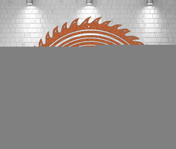 Rust-colored Metal Sparx Chainsaw Monogram metal art featuring intricate chain and saw blade design.
