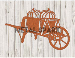 Rusty antique wheelbarrow filled with orange pumpkins, displayed outdoors, showcasing vintage metal craftsmanship.