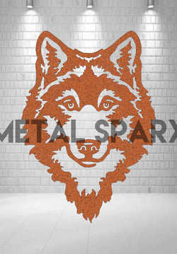 Rust-colored Wolf Metal Art decor by Metal Sparx, featuring a detailed wolf design in metal with textured rust finish.