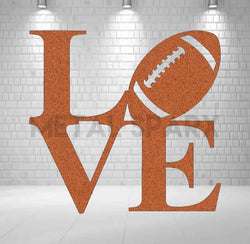Rust-colored Metal Sparx Football Love metal art sculpture featuring a heart-shaped football design with intricate detailing.