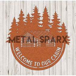 Rust-colored metal welcome sign with "Welcome to our Cabin" text from Metal Sparx, designed for rustic cabin decor.