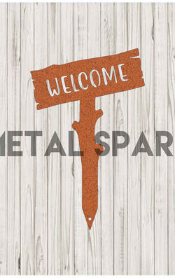 Rusty Metal Sparx Welcome Wooden Stake with carved lettering, ideal for garden or yard signage and decorative outdoor displays.