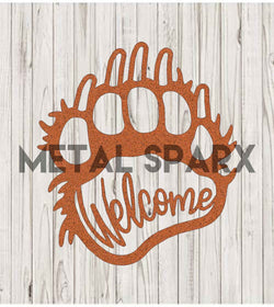 Rust-colored Bear Paw Welcome sign by Metal Sparx, featuring a detailed bear paw design for outdoor or porch decor.