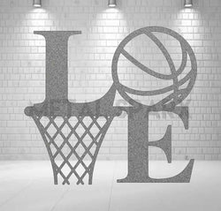 Silver metal art piece featuring a basketball love design by Metal Sparx, showcasing intricate metal craftsmanship.