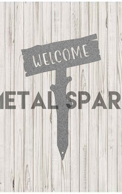 Silver Welcome Wooden Stake by Metal Sparx with engraved welcome message and decorative bird design.
