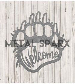 Silver Bear Paw Welcome sign by Metal Sparx, decorative metal art with a bear paw design for welcoming entryways.