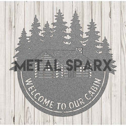 Silver Metal Sparx "Welcome to our Cabin" decorative sign with rustic lettering on a silver background.
