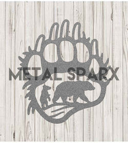 Silver Bear Paw Metal Sparx sculpture featuring a detailed bear scene with paws and nature elements.