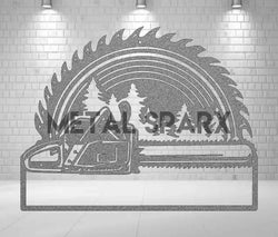 Silver metal art chainsaw monogram by Metal Sparx, featuring intricate chain details and a bold, personalized design.