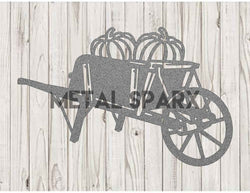 Antique Metal Sparx wheelbarrow filled with orange pumpkins, vintage silver metal with rustic weathered finish.