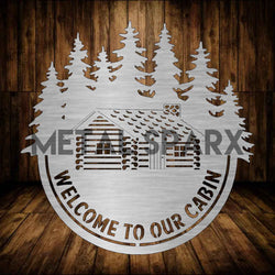 Metal Sparx Welcome to Our Cabin sign with rustic wood finish, ideal for cabin decor and outdoor display.