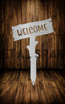 Welcome Wooden Stake by Metal Sparx, handcrafted wooden garden marker with engraved welcome message and rustic finish.