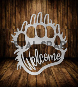 Metal Sparx Bear Paw Welcome sign featuring a detailed bear paw design, perfect for rustic or outdoor home decor.