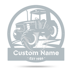 Textured silver Modern Tractor Monogram metal art by Metal Sparx featuring a detailed tractor design on a silver finish.