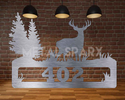 Metal Sparx deer address sign with black lettering and rustic metal finish, designed for outdoor home address display.