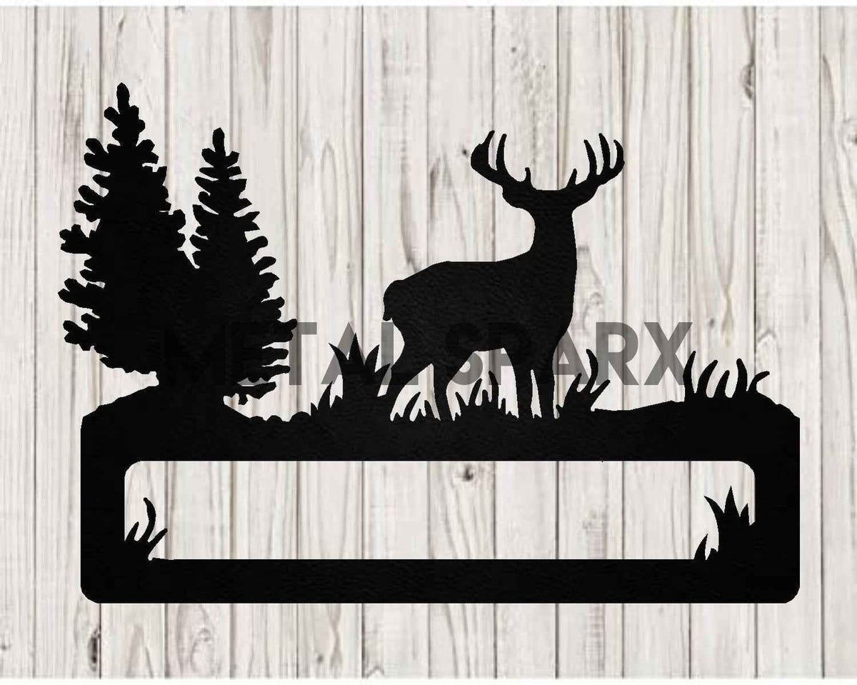 Black Metal Sparx deer address sign with engraved lettering on a black background, suitable for outdoor wall mounting