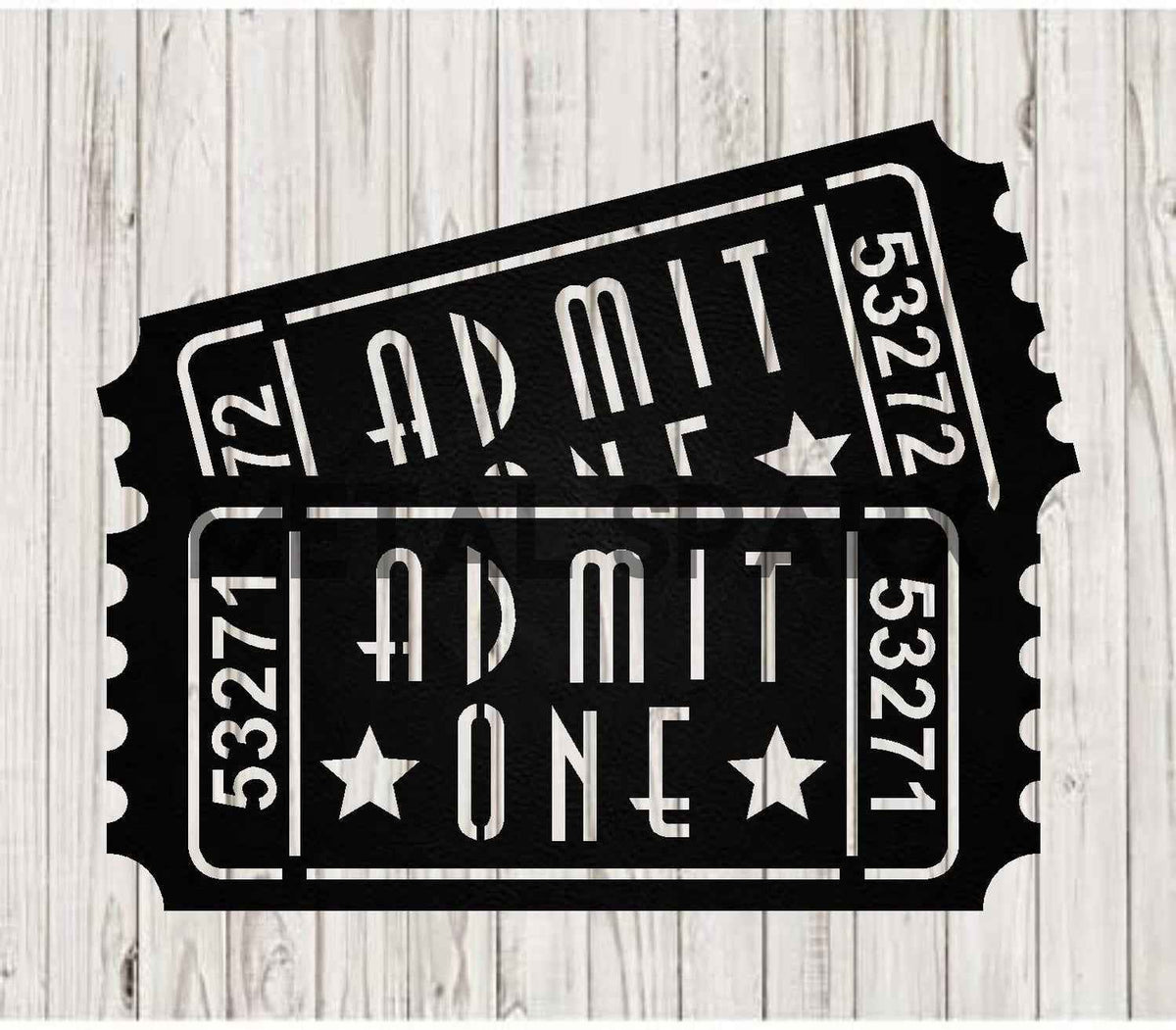 Metal Sparx Movies Admit One Ticket Pair metal art in black with vintage ticket design and bold lettering.