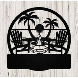 Black Metal Sparx Beach Fire Pit Monogram with custom letter design, perfect for outdoor gatherings and beachside fires.
