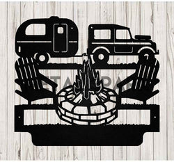 Black Metal Sparx Custom Camping Monogram art with engraved initials, designed for outdoor camping decor.
