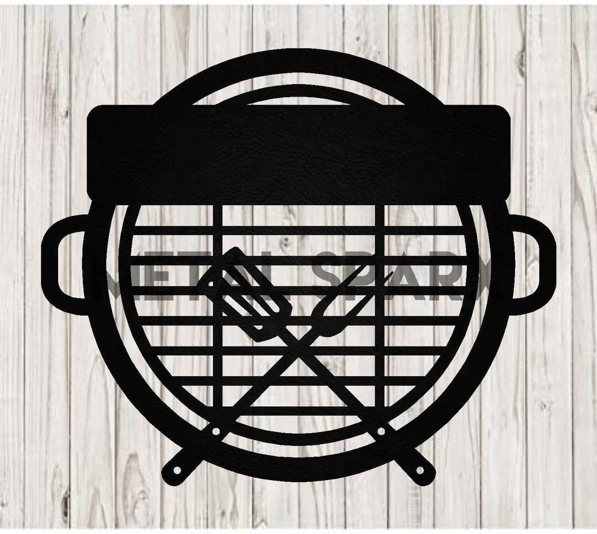 Black metal BBQ monogram sign with geometric design and engraved initials, ideal for outdoor grill area decoration.