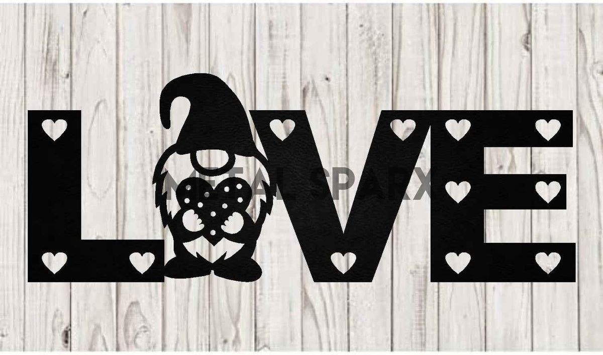 Black metal gnome sculpture with "Love" inscription, crafted by Metal Sparx, featuring a whimsical garden decor design.