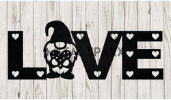 Black metal gnome sculpture with "Love" inscription, crafted by Metal Sparx, featuring a whimsical garden decor design.